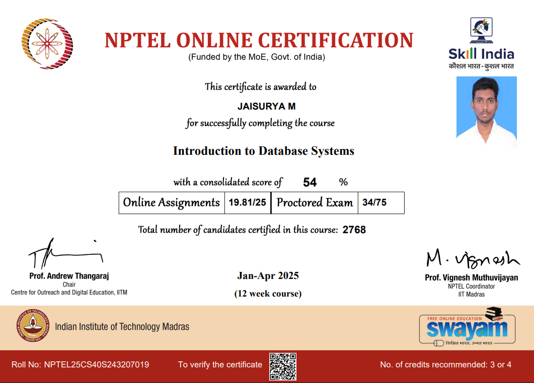 NPTEL-Introduction to Database Systems certificate