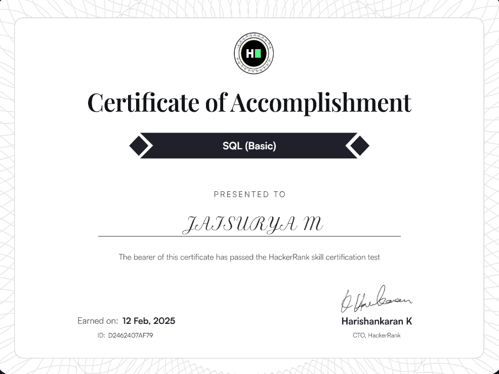 HackerRank - SQL  certificate