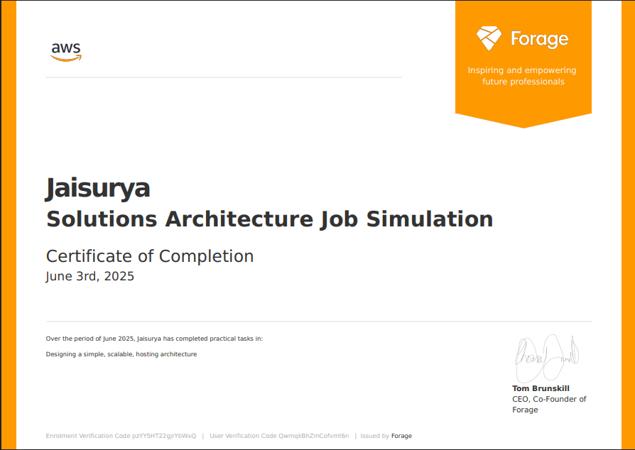 AWS Solutions Architecture Job Stimulation certificate